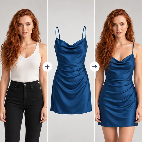 Virtual try-on example: a woman in a white top and black jeans, a blue satin slip dress, and the same woman wearing that dress